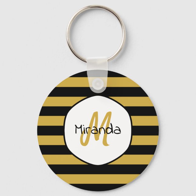 Cute Black Yellow Bee Stripes Name and Monogram Keychain (Front)
