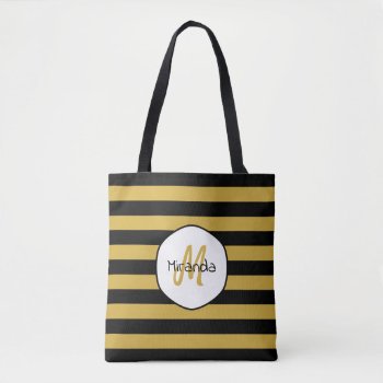 Cute Black Yellow Bee Stripes Name And Monogram Tote Bag by ohsogirly at Zazzle
