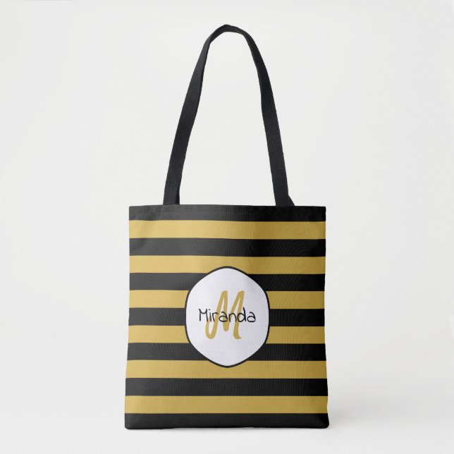Cute Black Yellow Bee Stripes Name and Monogram Tote Bag (Front)