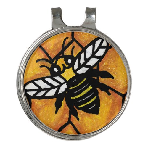 Cute Black Yellow Bee White Wings on Honeycomb Golf Hat Clip