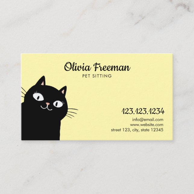 Cute Black & Yellow Cat Illustration Pet Sitting Business Card (Front)