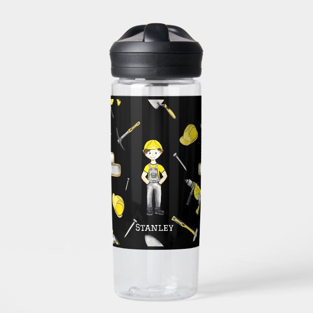 Cute Black Yellow Construction Truck Dump Pattern Water Bottle (Front)