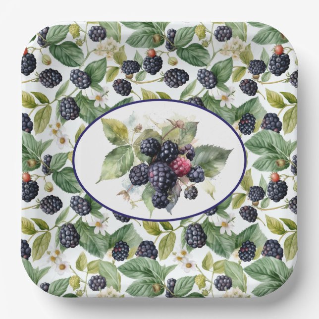 Cute Blackberries Watercolor Paper Plates (Front)