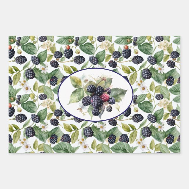 Cute Blackberries Watercolor Wrapping Paper Sheets (Front)