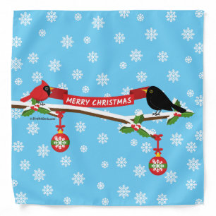 Cute Blackbird And Cardinal On Branch - MERRY XMAS Bandana