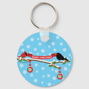 Cute Blackbird And Cardinal On Branch - MERRY XMAS Keychain