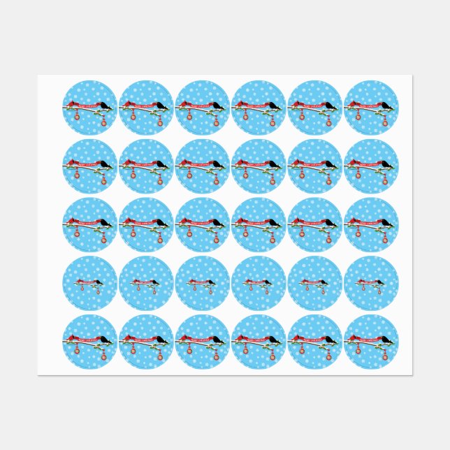 Cute Blackbird And Cardinal On Branch - MERRY XMAS Labels (Sheet)