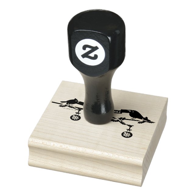 Cute Blackbird And Cardinal On Branch - MERRY XMAS Rubber Stamp (Stamp)