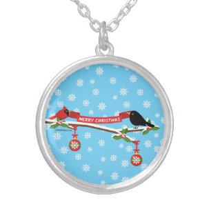Cute Blackbird And Cardinal On Branch - MERRY XMAS Silver Plated Necklace