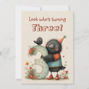 Cute Blackbird Third Birthday Three Years Old Flat Card