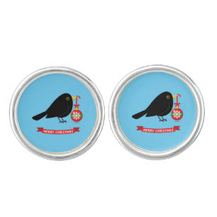 Cute Blackbird With A Christmas Ball Cufflinks