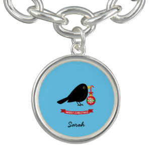 Cute Blackbird With A Christmas Ball Custom Name Bracelet