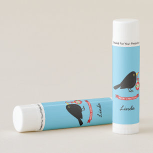 Cute Blackbird With A Christmas Ball Custom Name Lip Balm