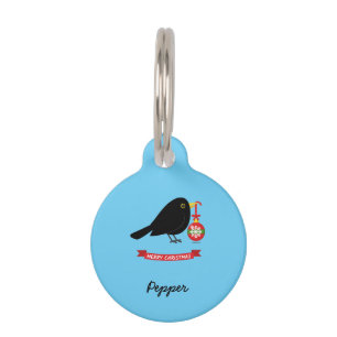 Cute Blackbird With A Christmas Ball Custom Name Pet ID Tag