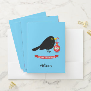 Cute Blackbird With A Christmas Ball Custom Name Pocket Folder