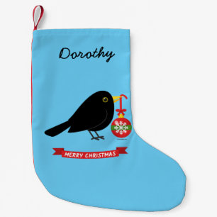 Cute Blackbird With A Christmas Ball Custom Name Small Christmas Stocking