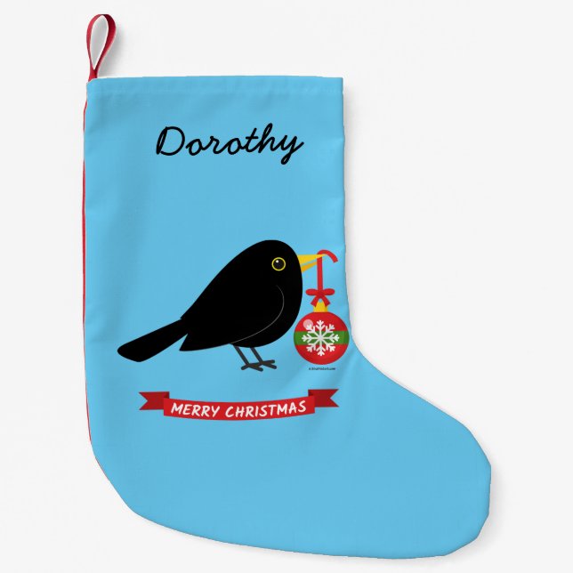 Cute Blackbird With A Christmas Ball Custom Name Small Christmas Stocking (Front)
