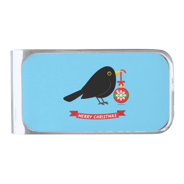 Cute Blackbird With A Christmas Ball Silver Finish Money Clip (Front)