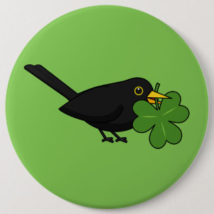 Cute Blackbird with Shamrock Clover Cartoon Button