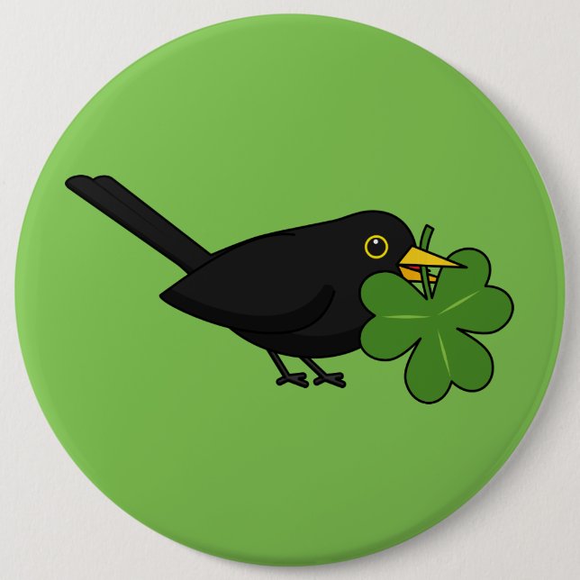 Cute Blackbird with Shamrock Clover Cartoon Button (Front)