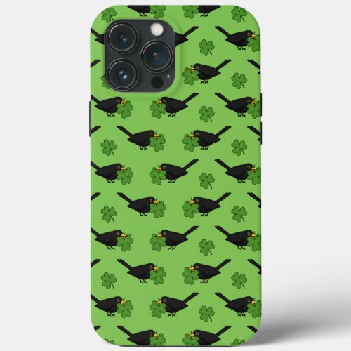 Cute Blackbird with Shamrock Clover Cartoon iPhone 13 Pro Max Case
