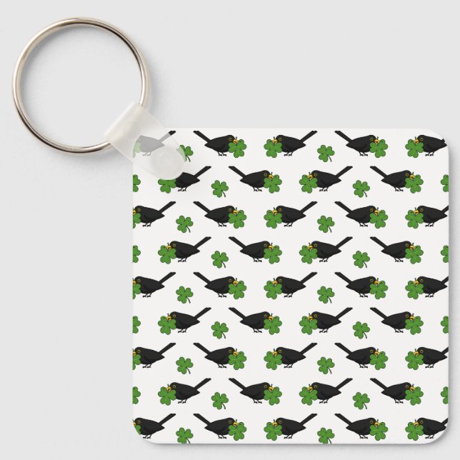 Cute Blackbird with Shamrock Clover Cartoon Keychain (Front)