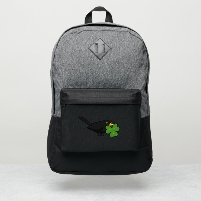 Cute Blackbird with Shamrock Clover Cartoon Port Authority® Backpack (Front)