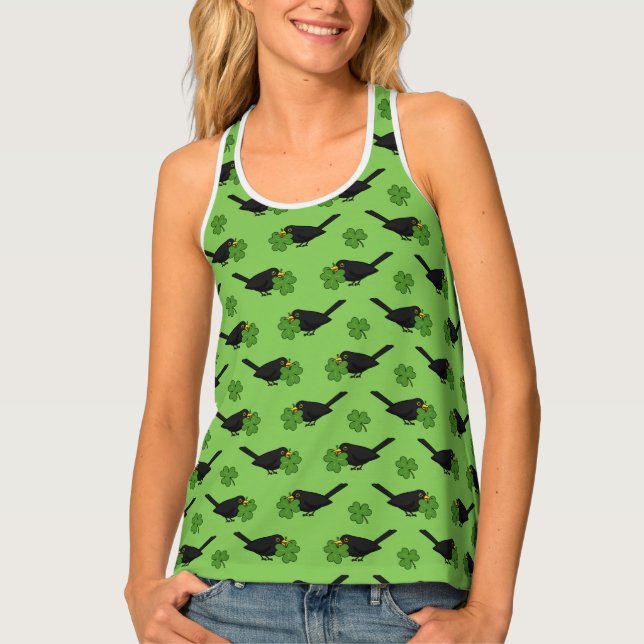 Cute Blackbird with Shamrock Clover Cartoon Tank Top (Front)