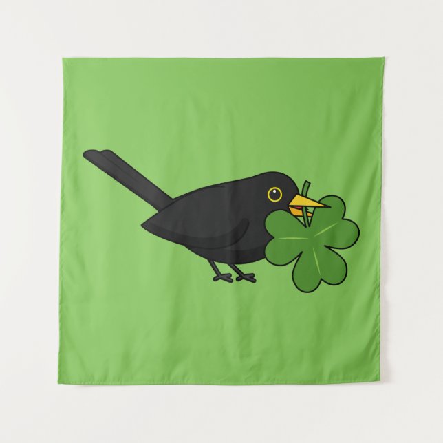 Cute Blackbird with Shamrock Clover Cartoon Tapestry (Front)