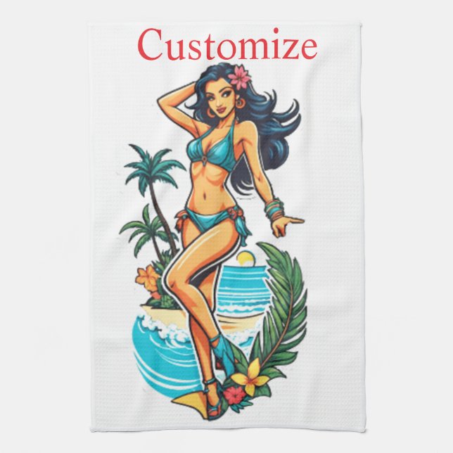 Cute Blackhaired Bikini Beach Girl Thunder_Cove Kitchen Towel (Vertical)