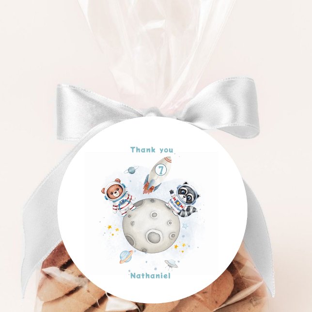 Cute blast off space themed birthday classic round sticker (Creator Uploaded)
