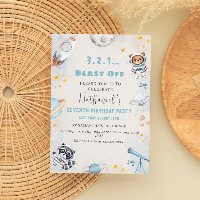 Cute blast off space themed birthday  invitation (Creator Uploaded)