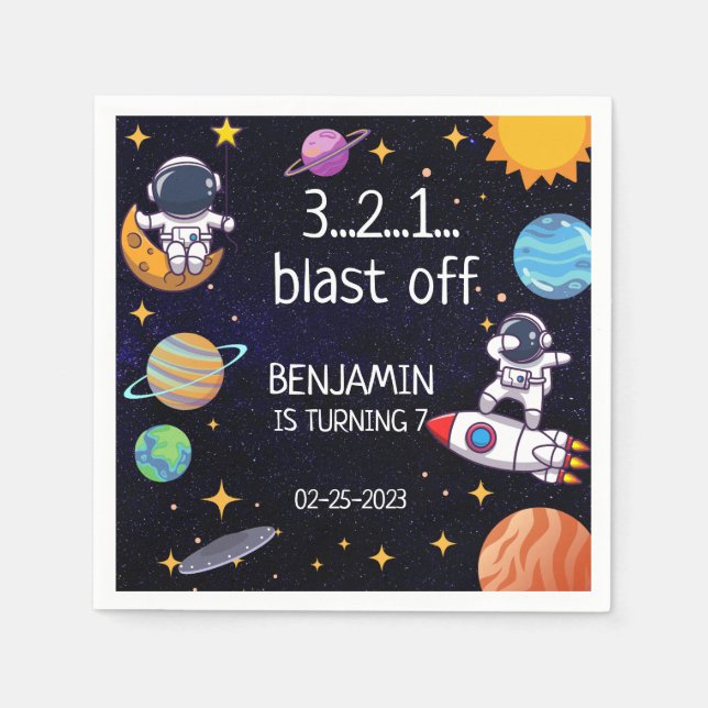 Cute Blast Off Theme Any Age Birthday Napkins (Front)