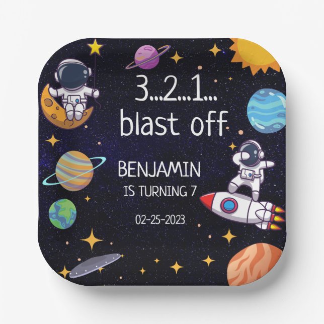 Cute Blast Off Theme Any Age Birthday Paper Plates (Front)