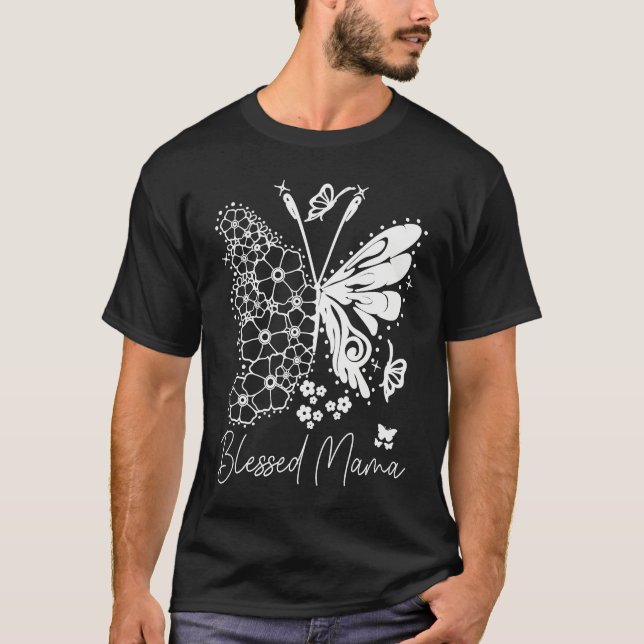 Cute Blessed Mama Butterfly Print Mom Life T-Shirt (Front)