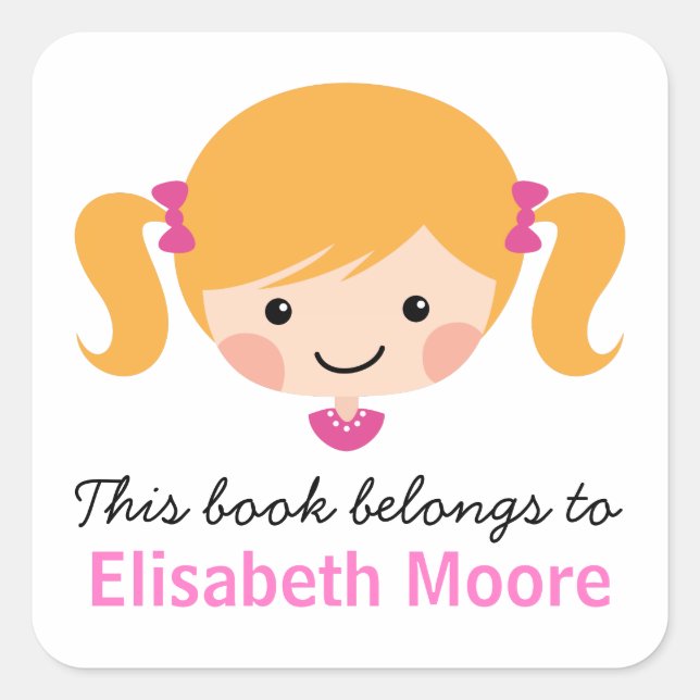 Cute blond cartoon girl personalised bookplate (Front)