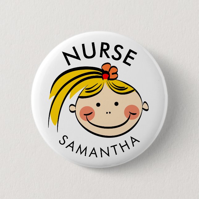 Cute Blond Cartoon Nurse Name Button (Front)