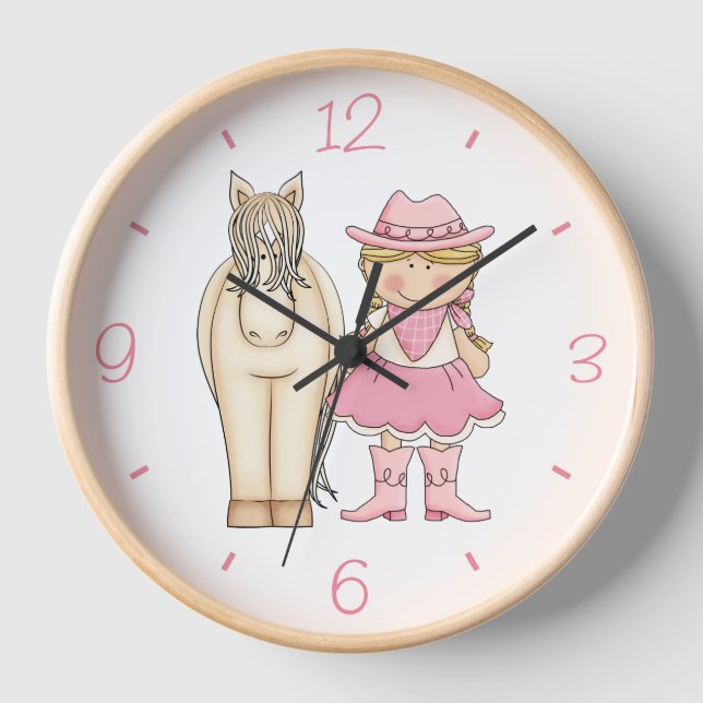 Cute Blond Cowgirl and Cream Horse Clock (Front)