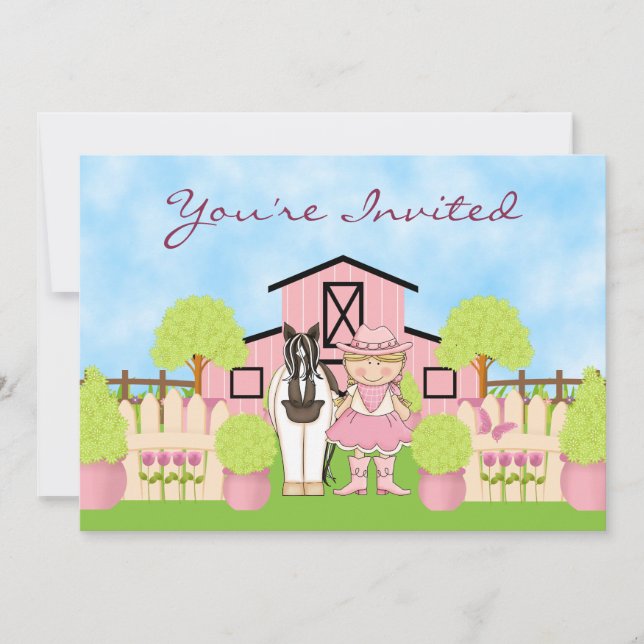 Cute Blond Cowgirl and Paint Horse Birthday Invite (Front)