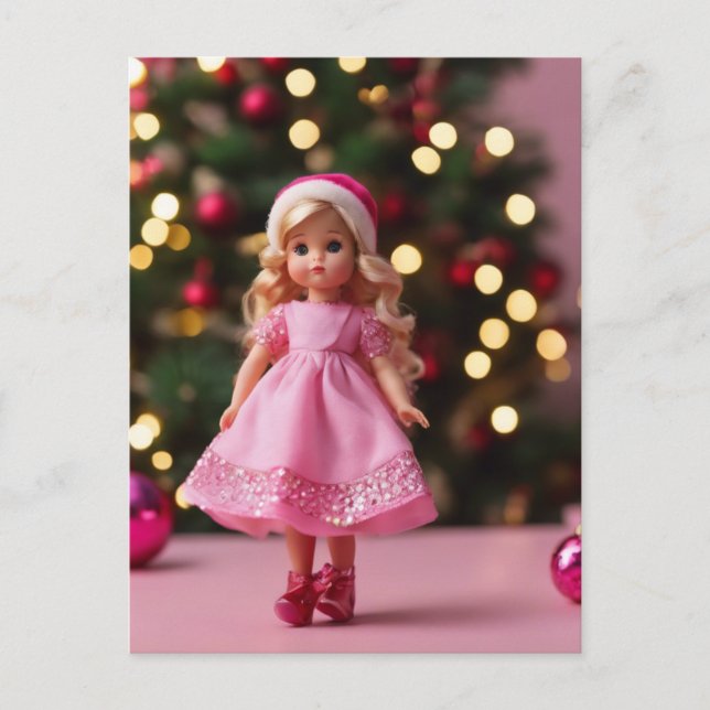 Cute Blond Doll in Pink Christmas  Postcard (Front)
