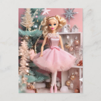 Cute Blond Doll Pink Retro Christmas Postcard