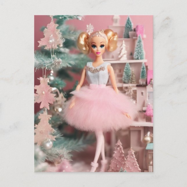 Cute Blond Doll Pink Retro Christmas  Postcard (Front)