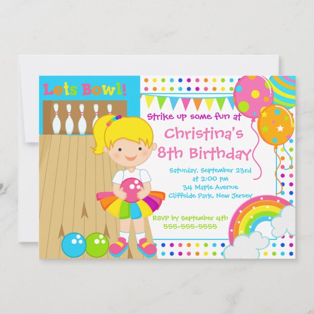 Cute Blond Girl Bowling Birthday Party Invitations (Front)
