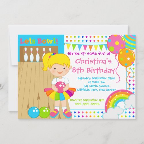 Cute Blond Girl Bowling Birthday Party Invitations