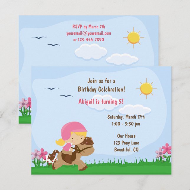 Cute Blond Girl Riding Brown Horse Birthday Invite (Front/Back)