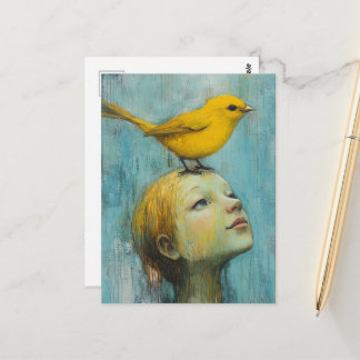 Cute Blond Girl with large yellow bird on her head Postcard