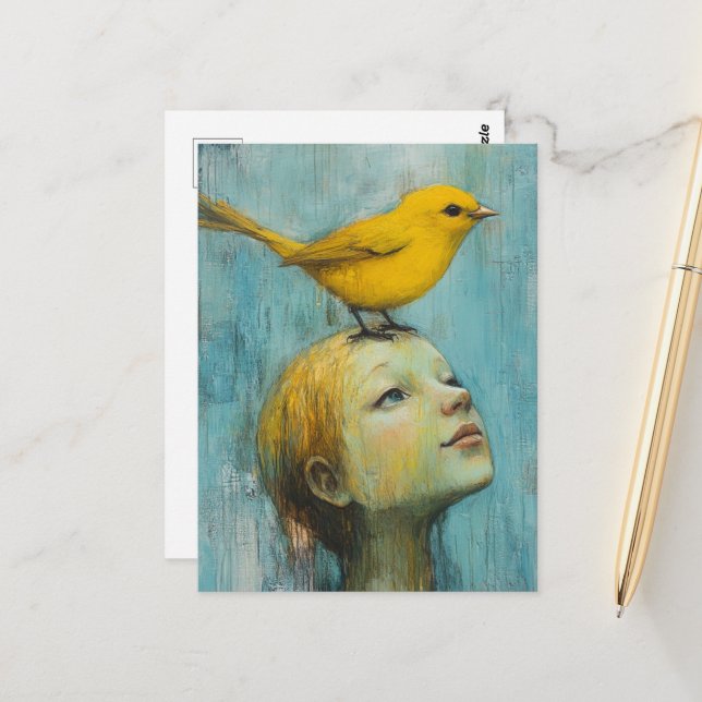 Cute Blond Girl with large yellow bird on her head Postcard (Front/Back In Situ)
