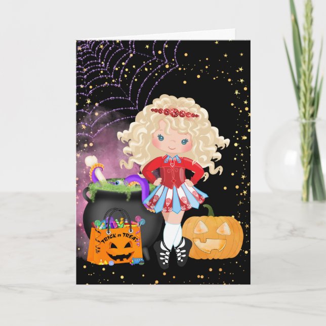Cute Blond Irish Dancer Halloween Holiday Card (Front)