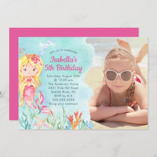 Cute Blond Mermaid Photo Birthday Invitation