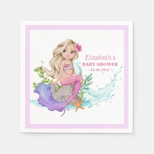 Cute Blond Pink Mermaid Baby Shower Napkins